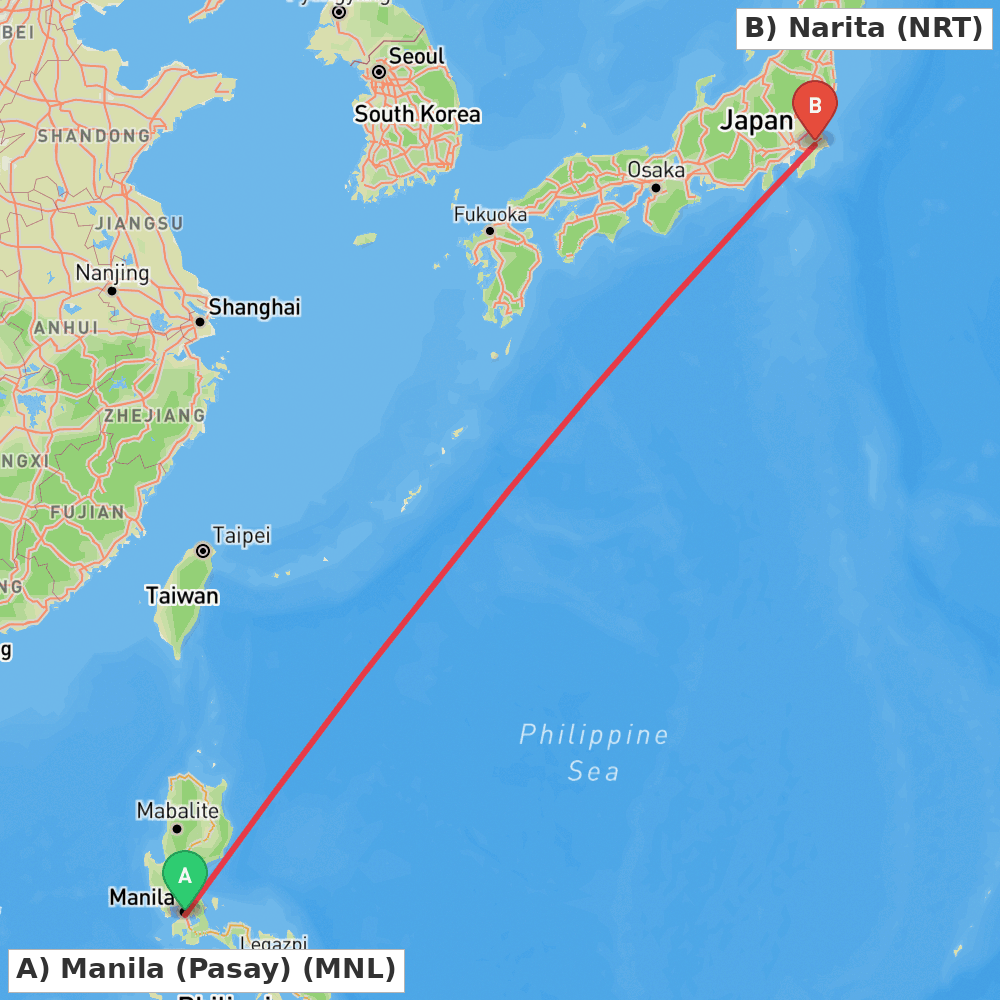 Flight route map from Manila (Pasay) to Narita