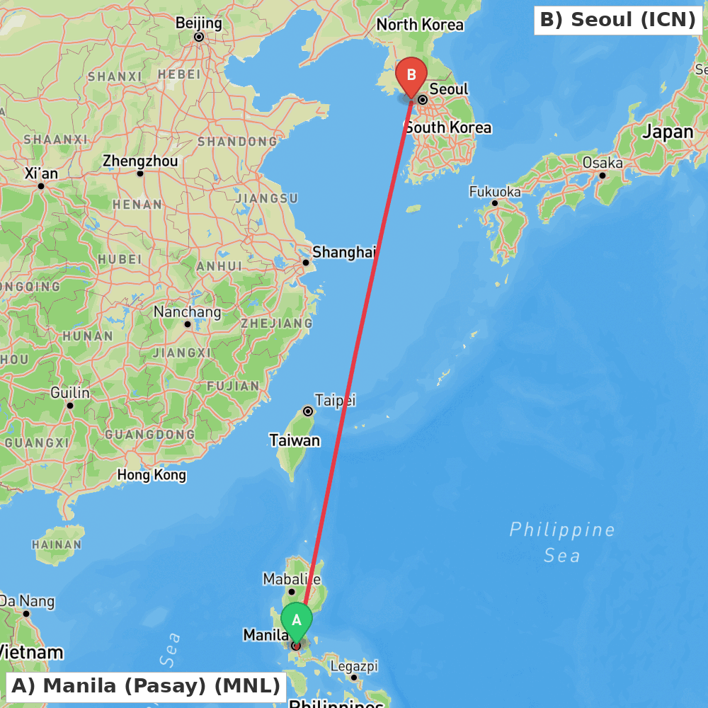Flight route map from Manila (Pasay) to Seoul