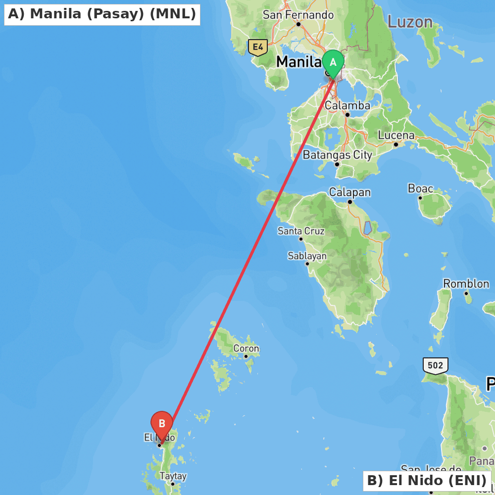 Flight route map from Manila (Pasay) to El Nido