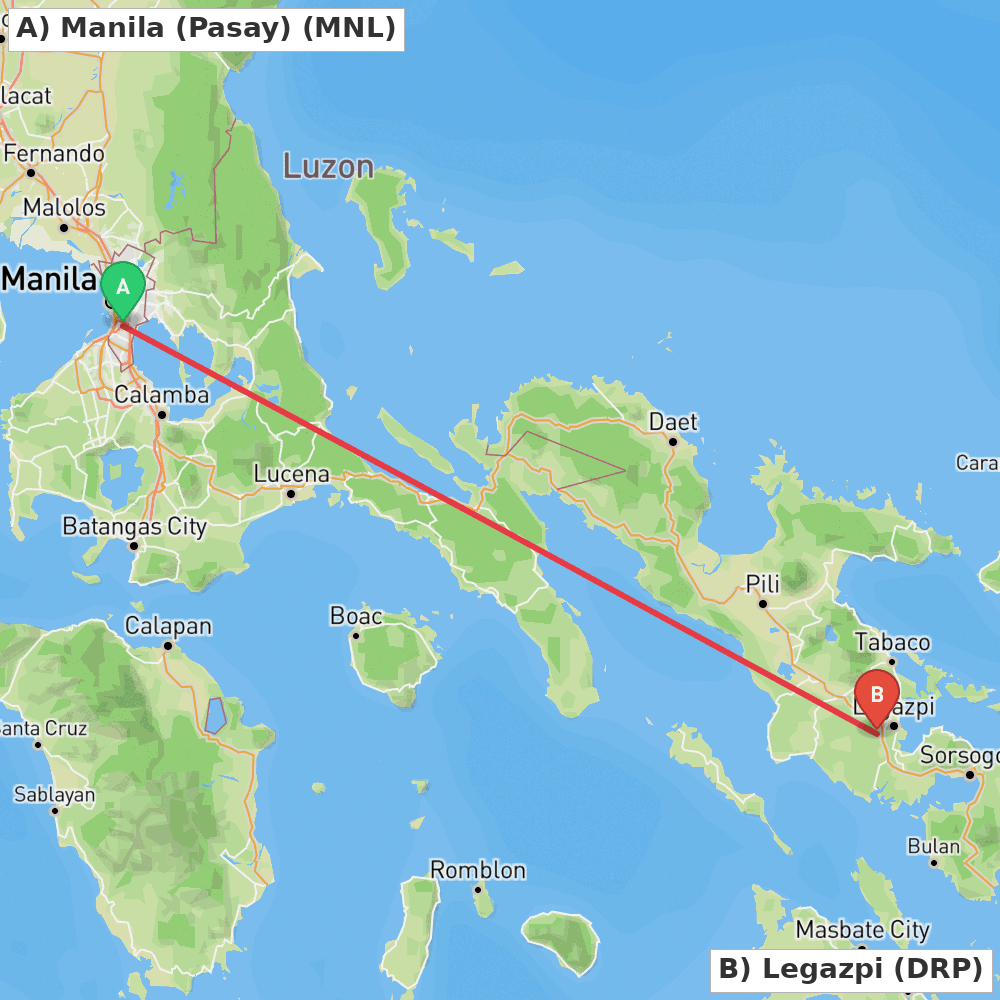 Flight route map from Manila (Pasay) to Legazpi