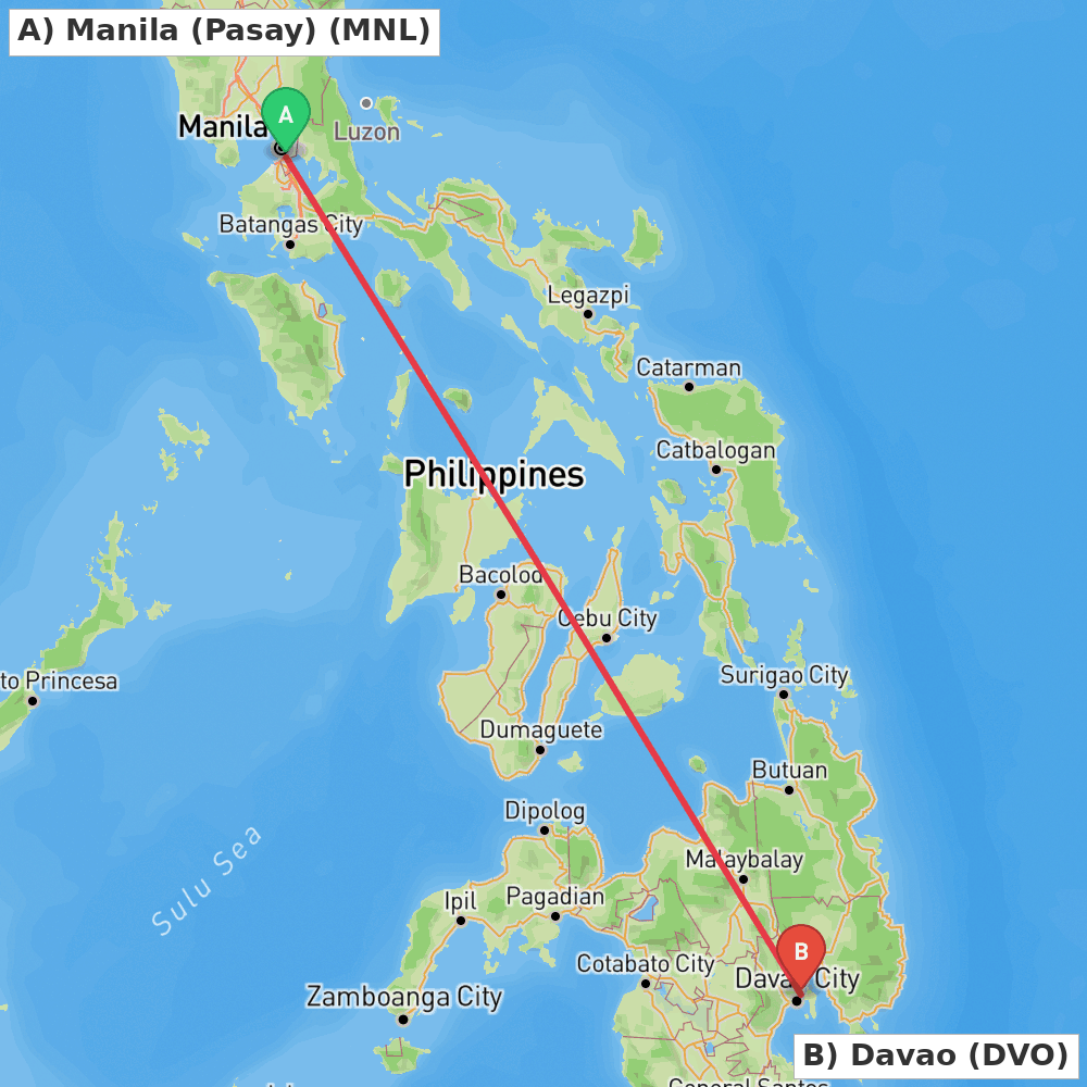 Flight route map from Manila (Pasay) to Davao
