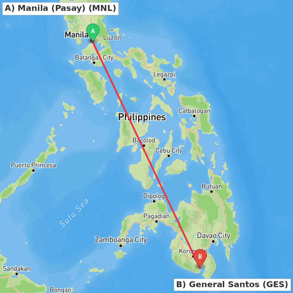 Flight route map from Manila (Pasay) to General Santos