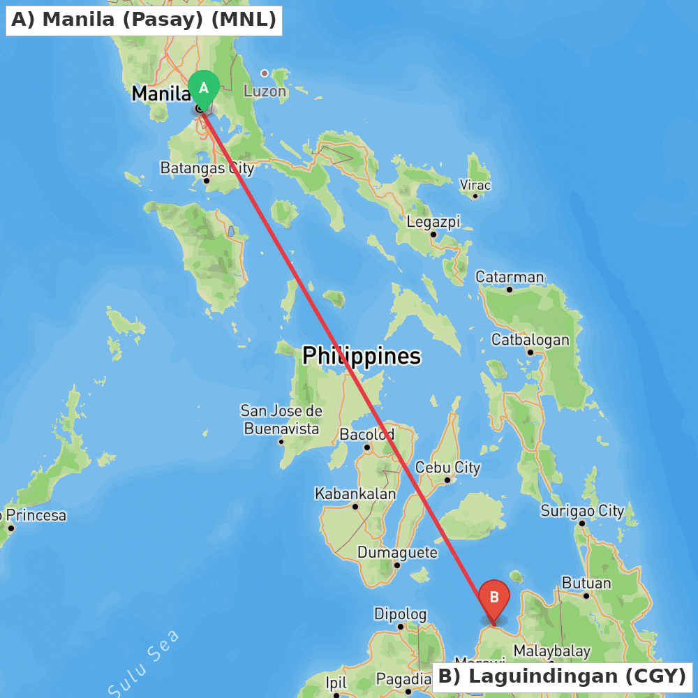 Flight route map from Manila (Pasay) to Laguindingan