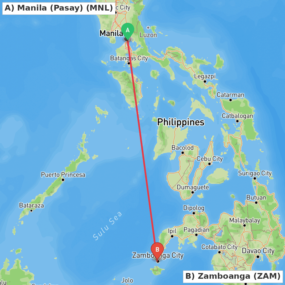 Flight route map from Manila (Pasay) to Zamboanga