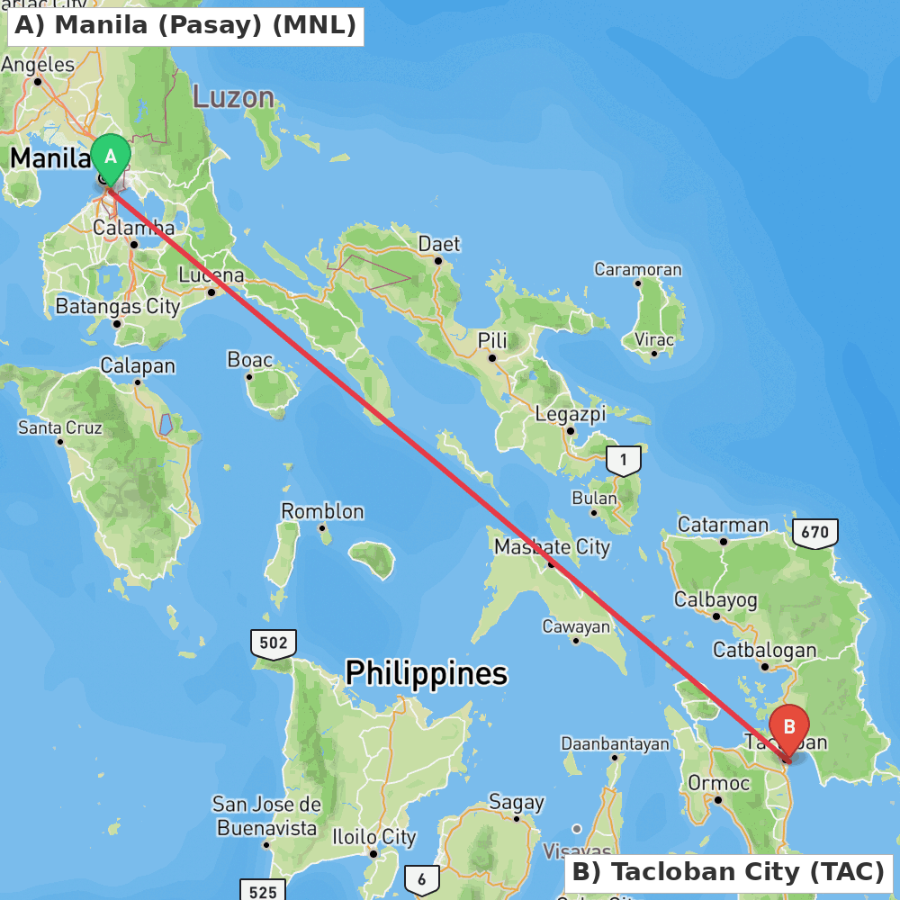 Flight route map from Manila (Pasay) to Tacloban City