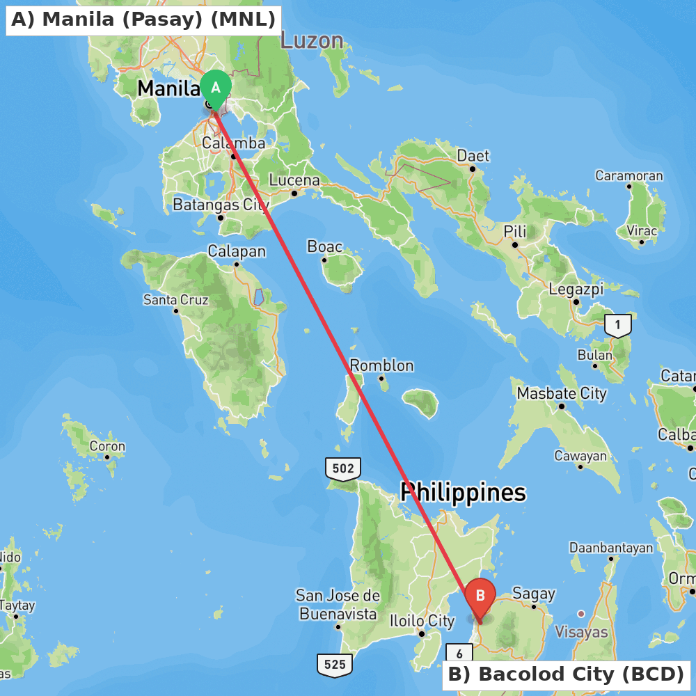 Flight route map from Manila (Pasay) to Bacolod City