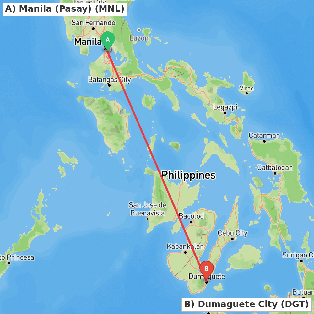 Flight route map from Manila (Pasay) to Dumaguete City