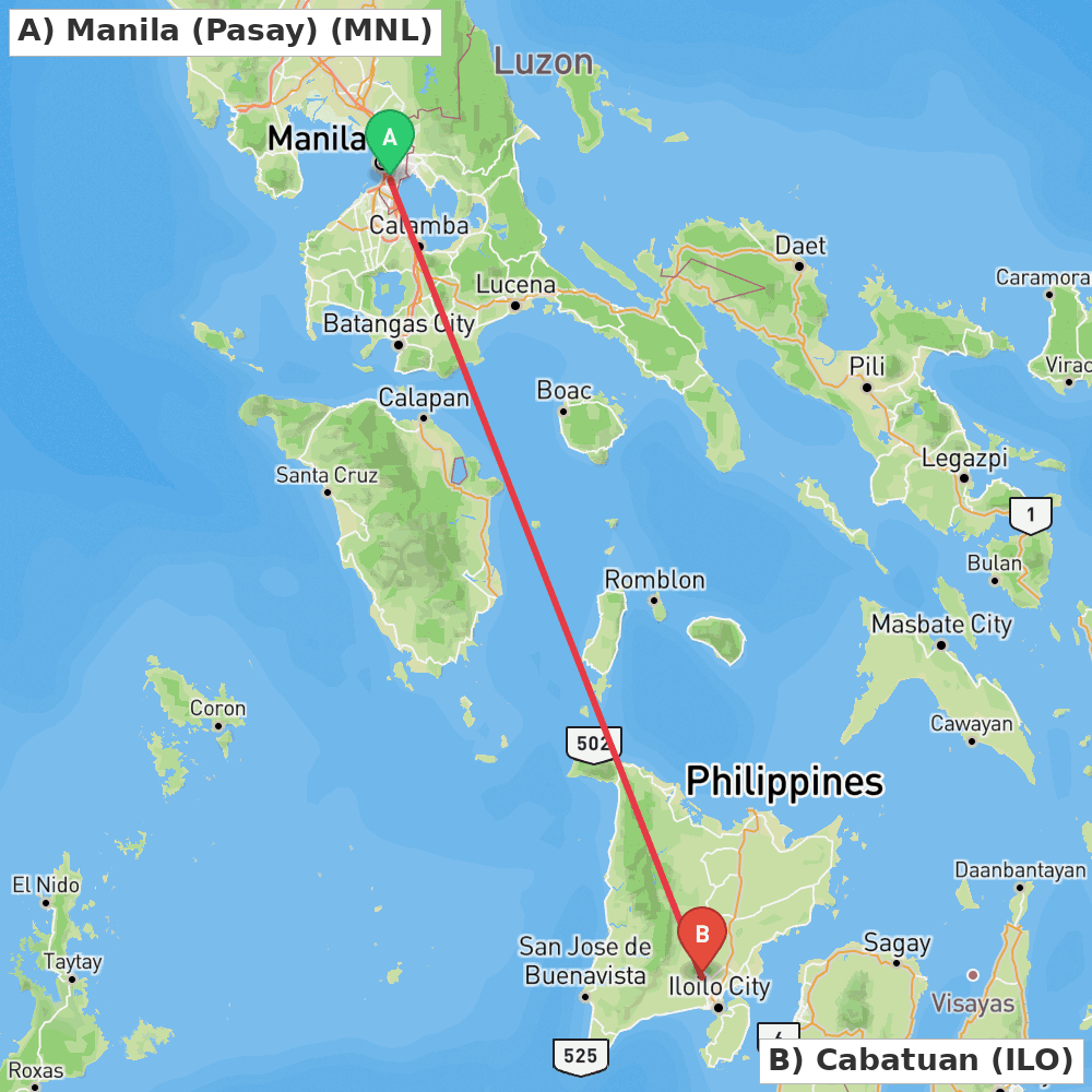 Flight route map from Manila (Pasay) to Cabatuan