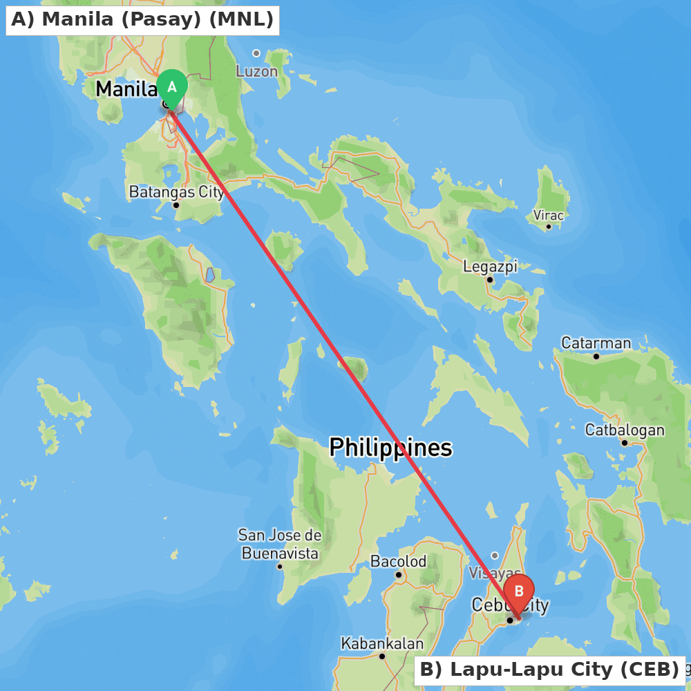 Flight route map from Manila (Pasay) to Lapu-Lapu City
