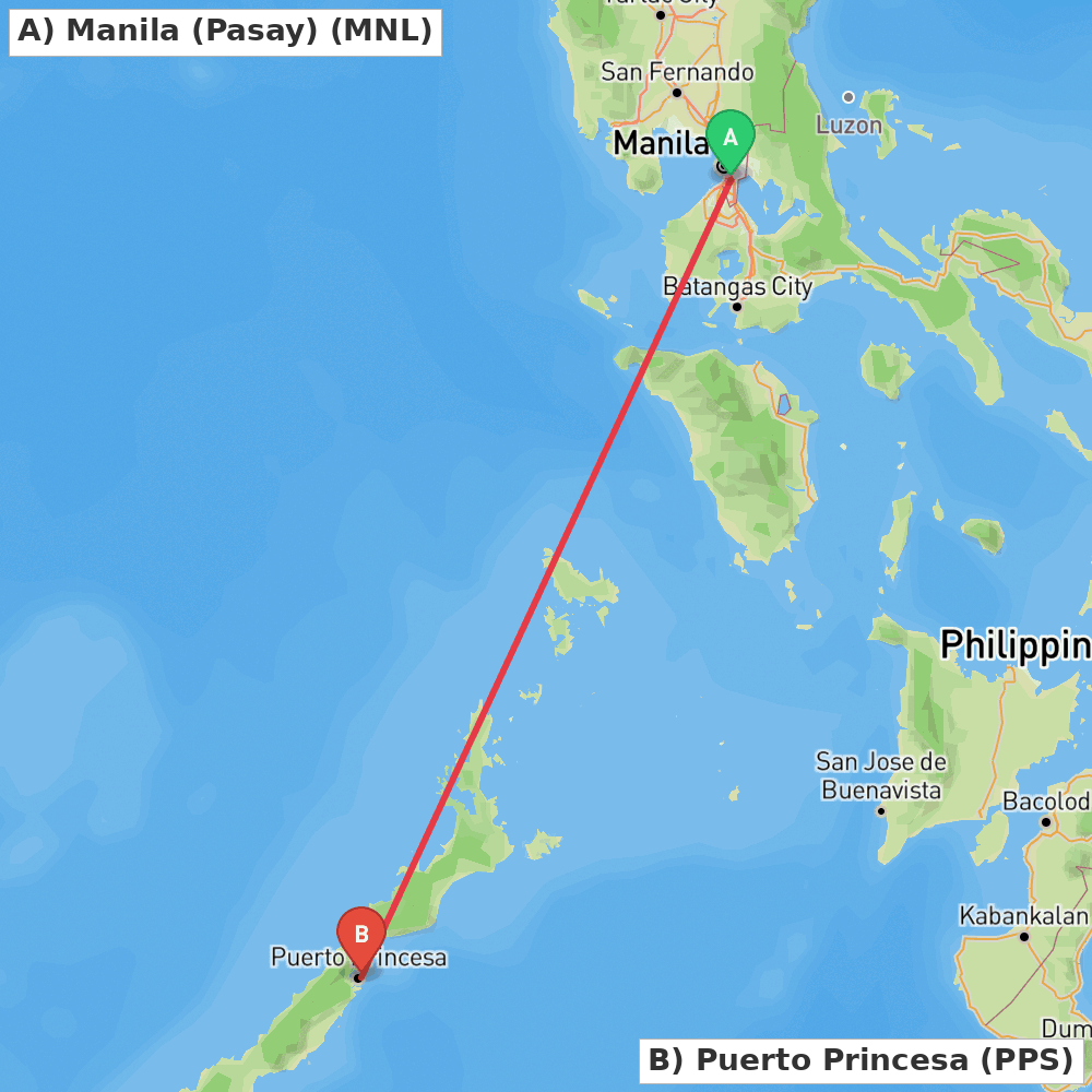 Flight route map from Manila (Pasay) to Puerto Princesa