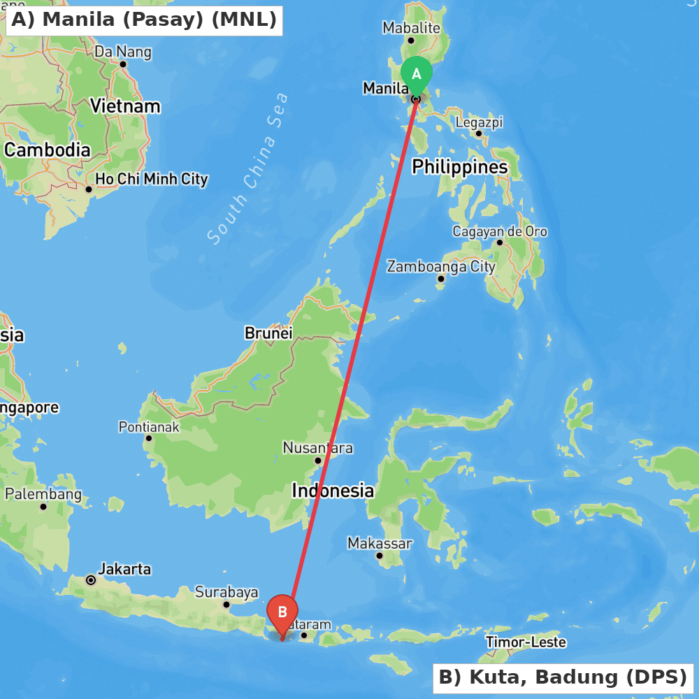 Flight route map from Manila (Pasay) to Kuta, Badung