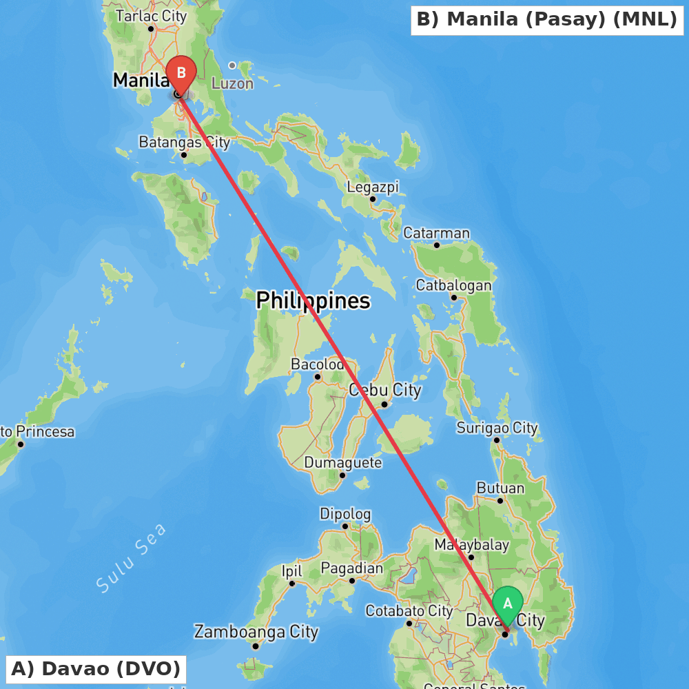 Flight route map from Davao to Manila (Pasay)