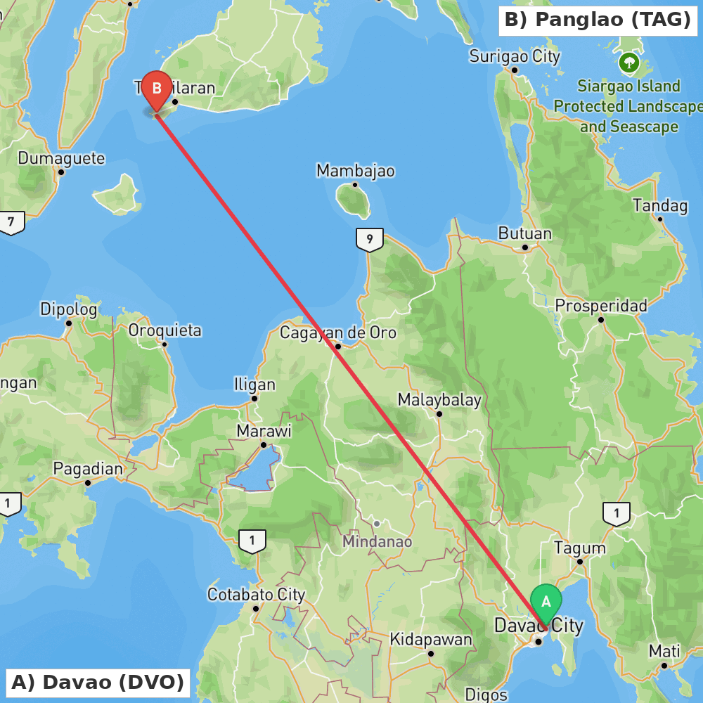 Flight route map from Davao to Panglao