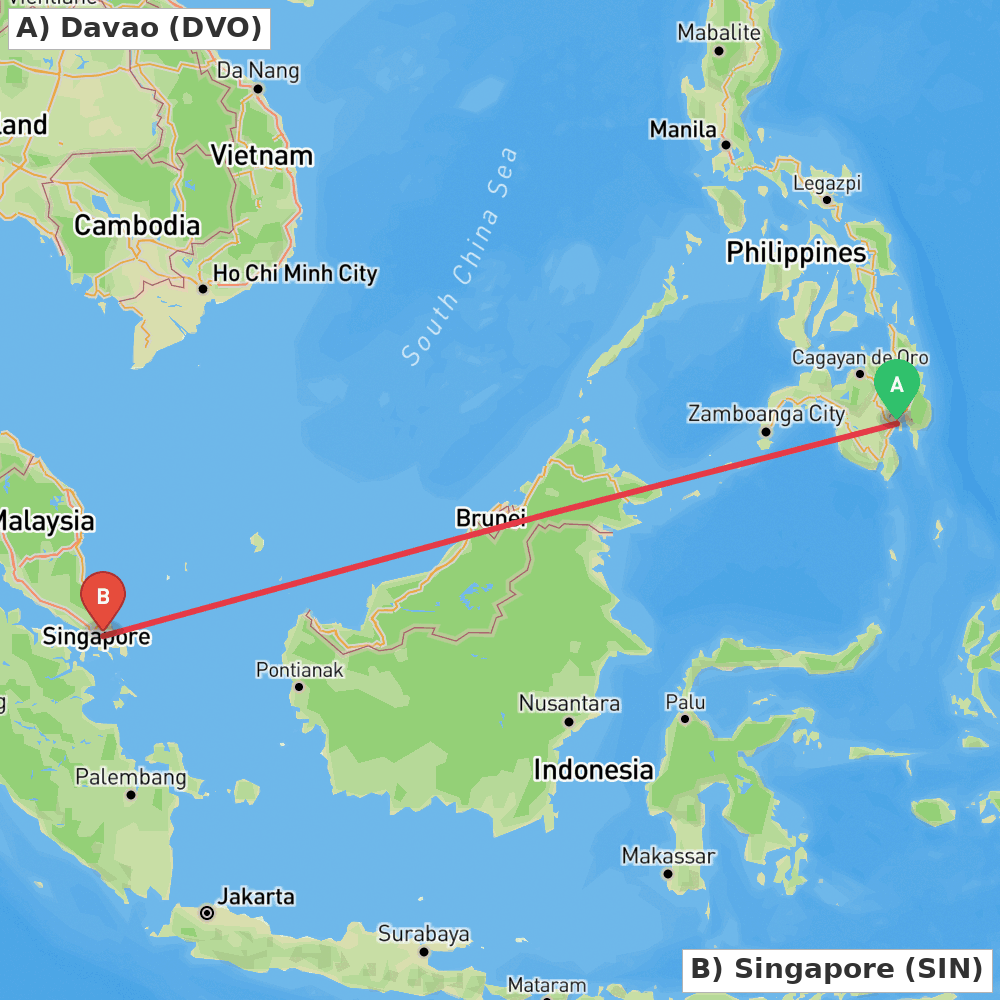 Flight route map from Davao to Singapore