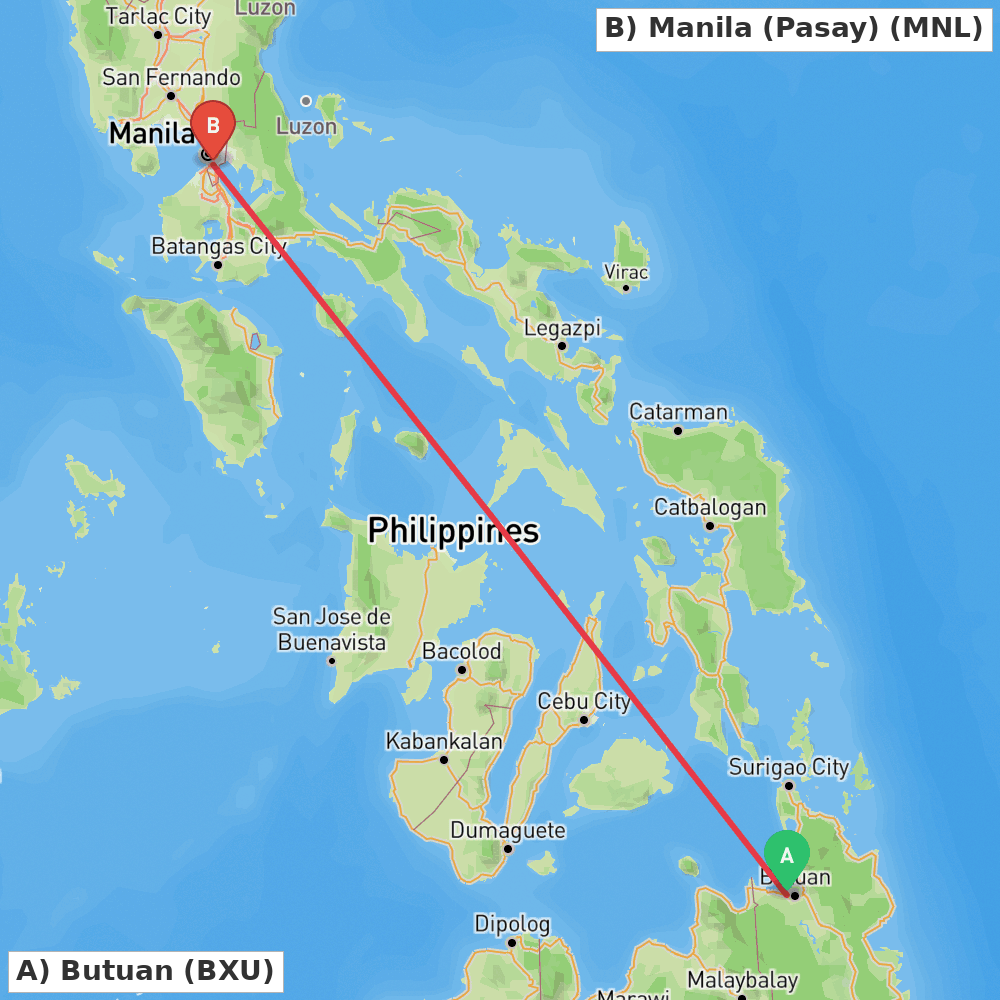 Flight route map from Butuan to Manila (Pasay)