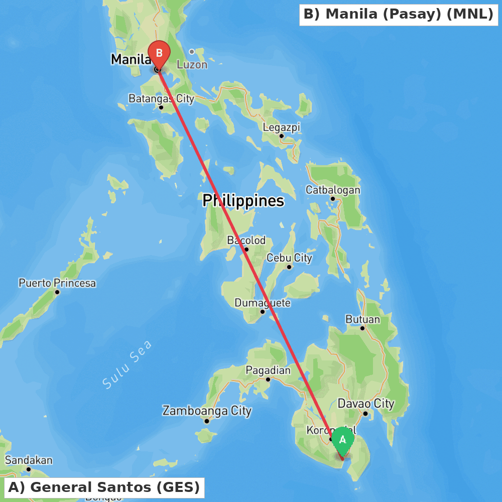 Flight route map from General Santos to Manila (Pasay)