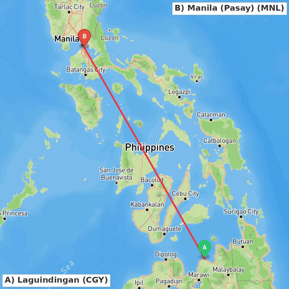 Flight route map from Laguindingan to Manila (Pasay)