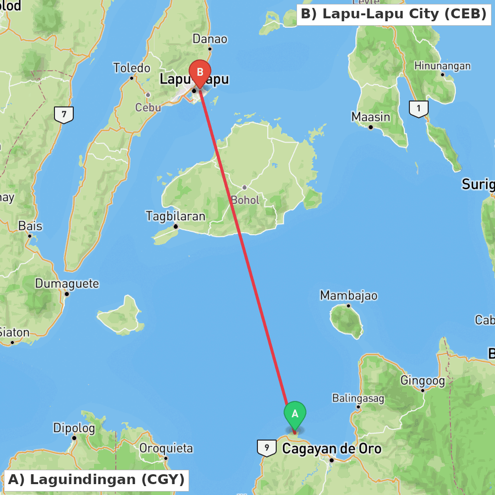 Flight route map from Laguindingan to Lapu-Lapu City