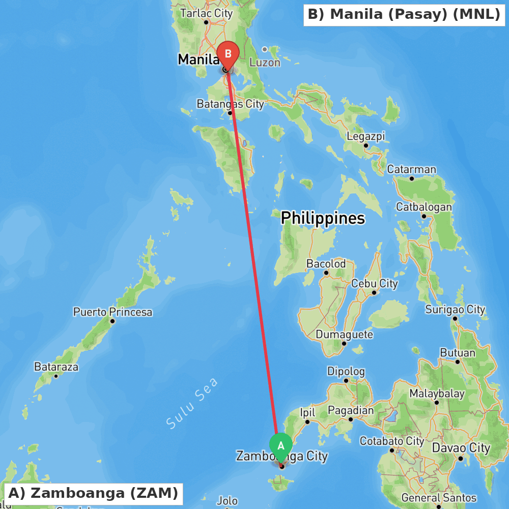 Flight route map from Zamboanga to Manila (Pasay)