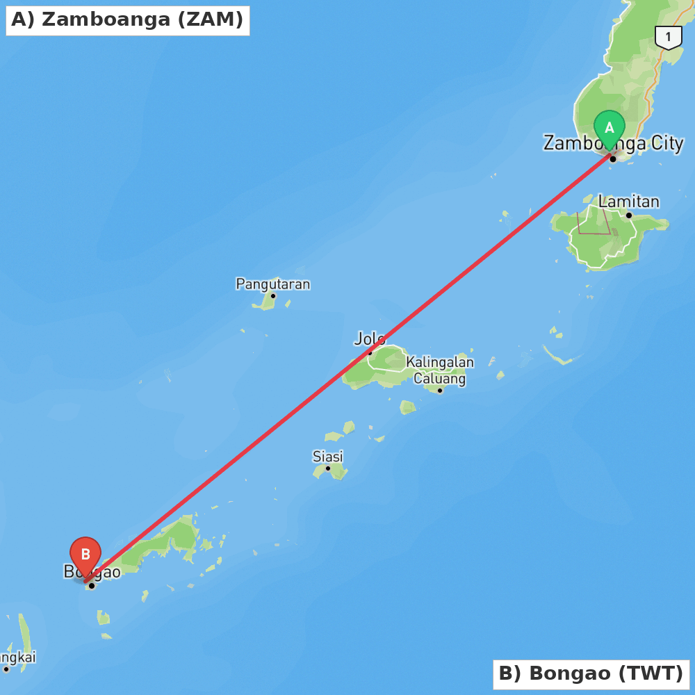 Flight route map from Zamboanga to Bongao