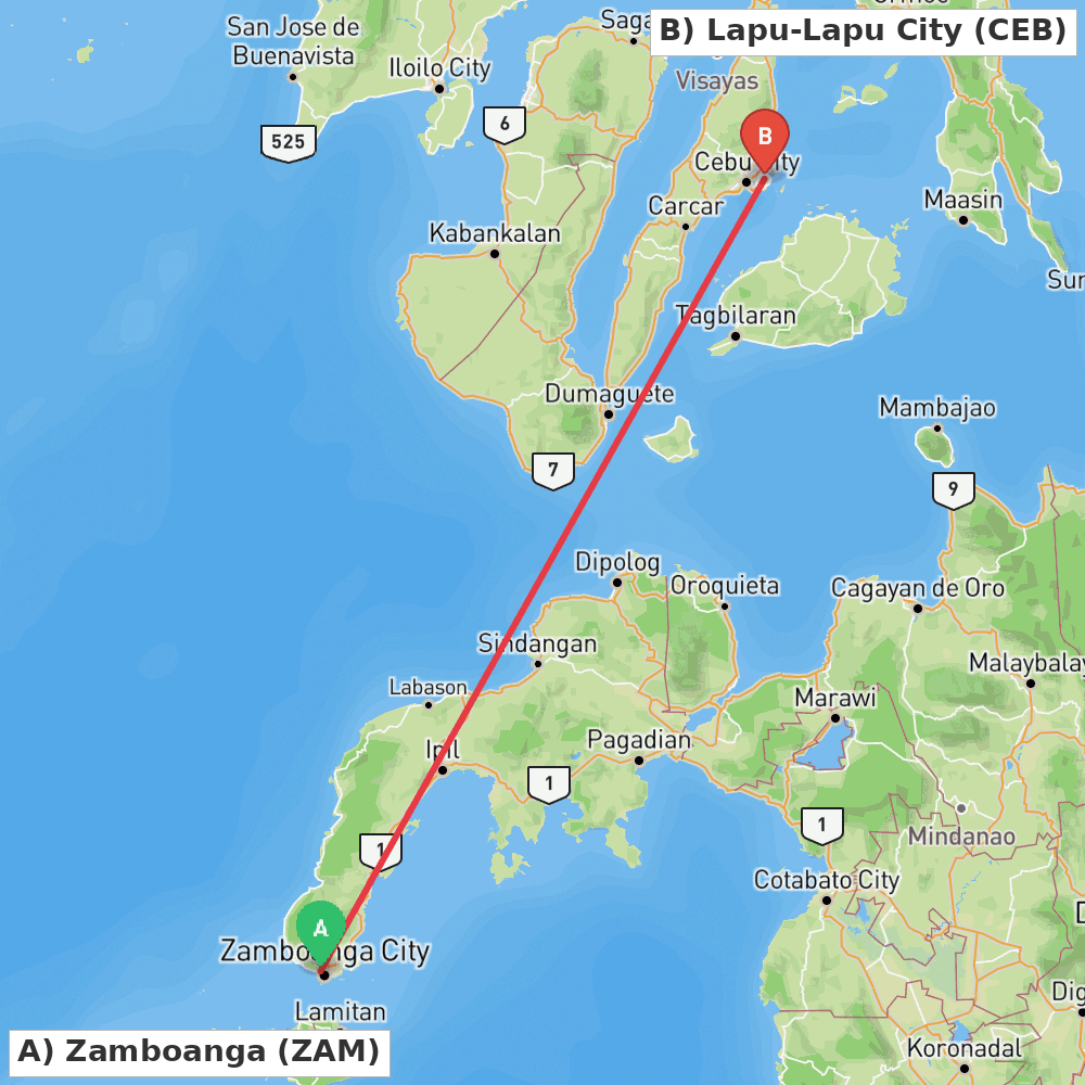 Flight route map from Zamboanga to Lapu-Lapu City