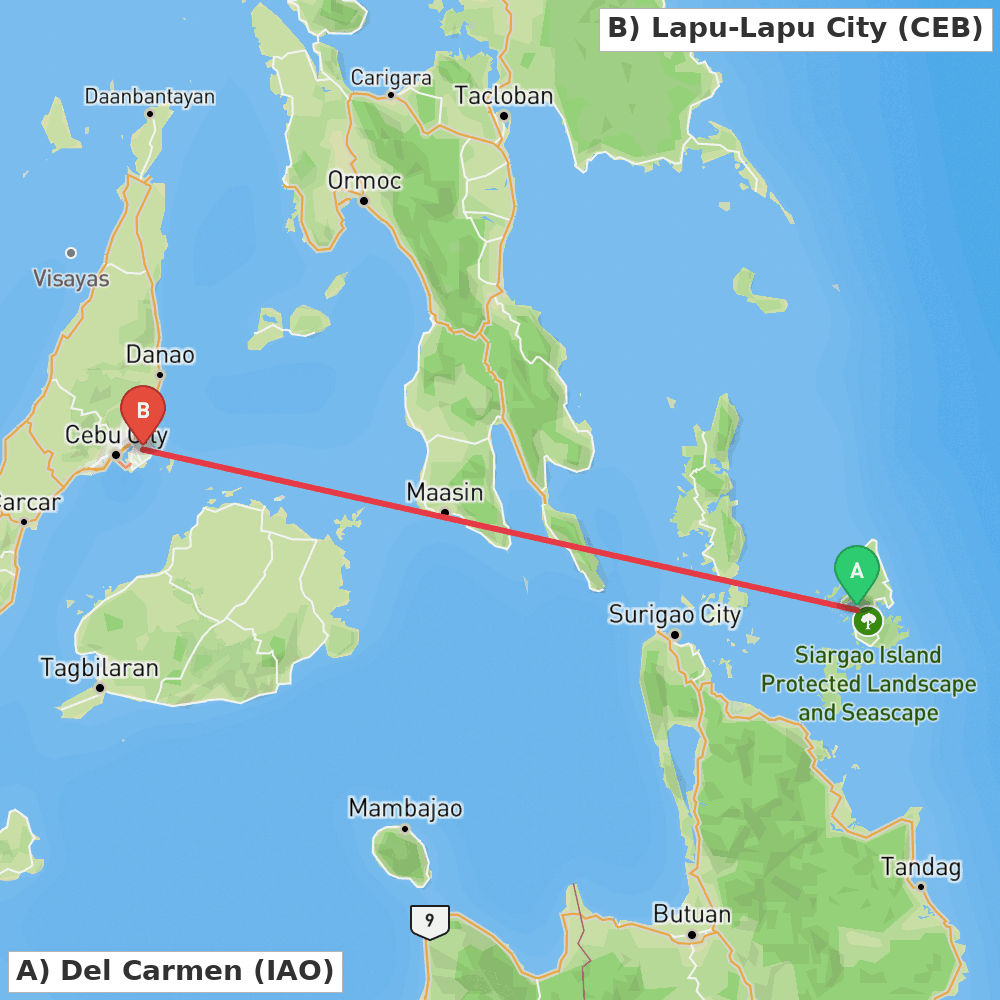 Flight route map from Del Carmen to Lapu-Lapu City