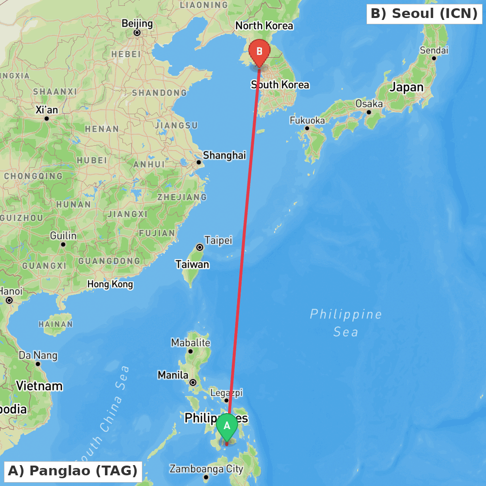 Flight route map from Panglao to Seoul