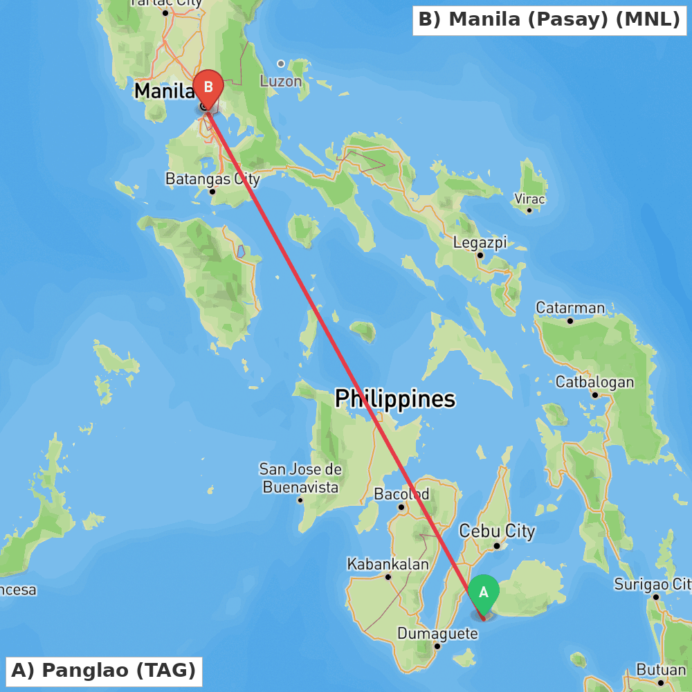 Flight route map from Panglao to Manila (Pasay)