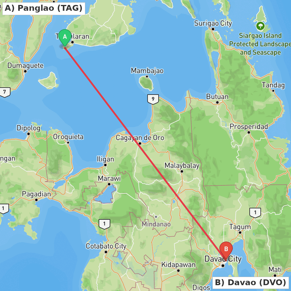 Flight route map from Panglao to Davao