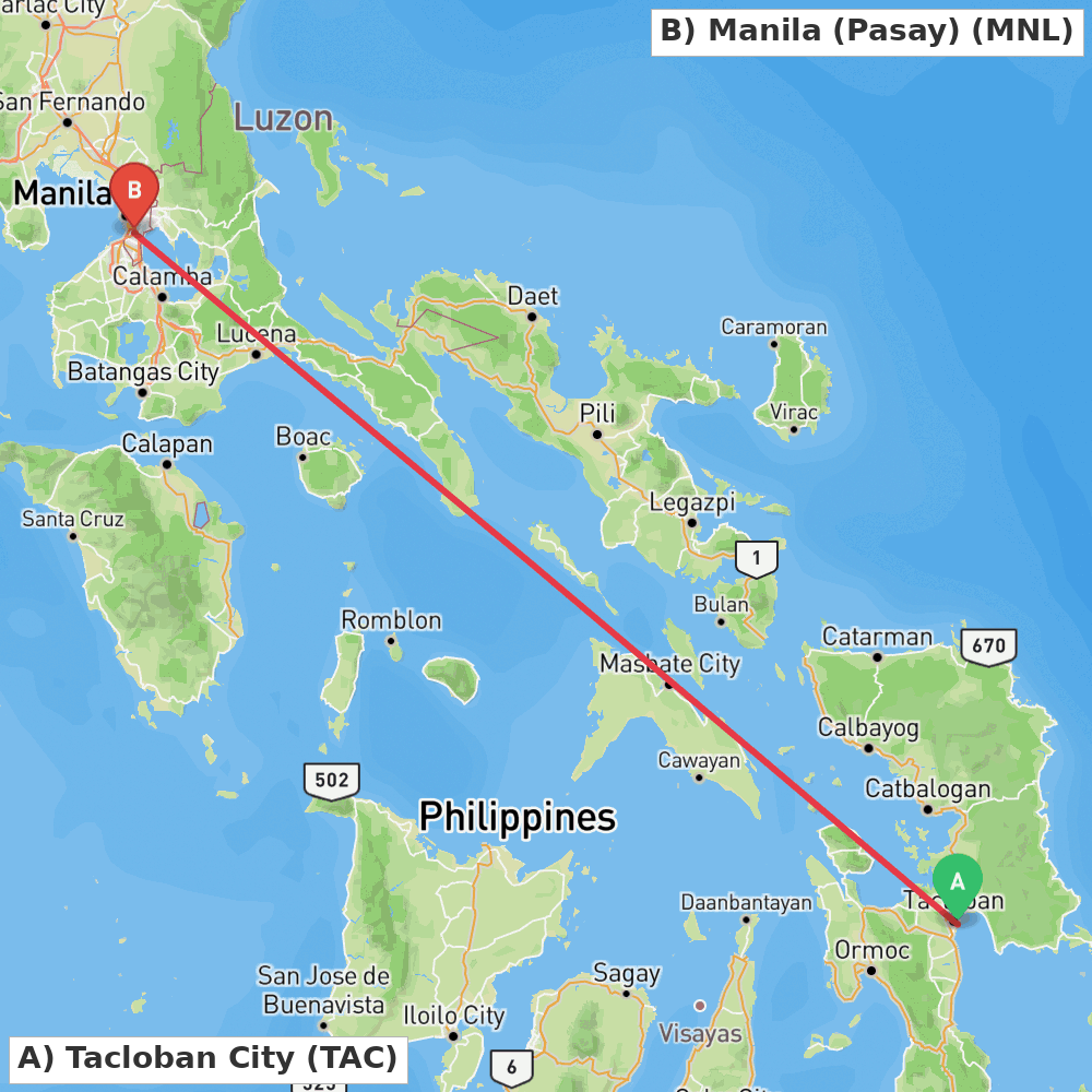 Flight route map from Tacloban City to Manila (Pasay)