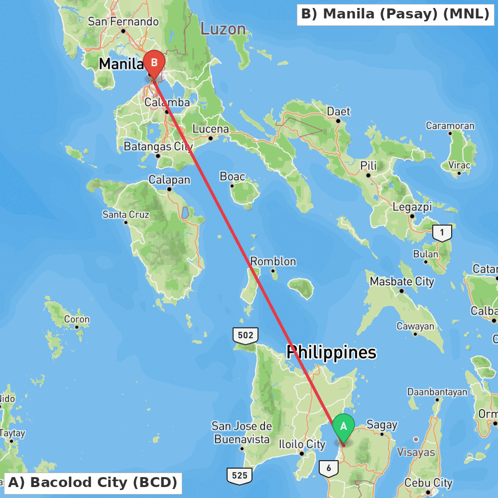 Flight route map from Bacolod City to Manila (Pasay)