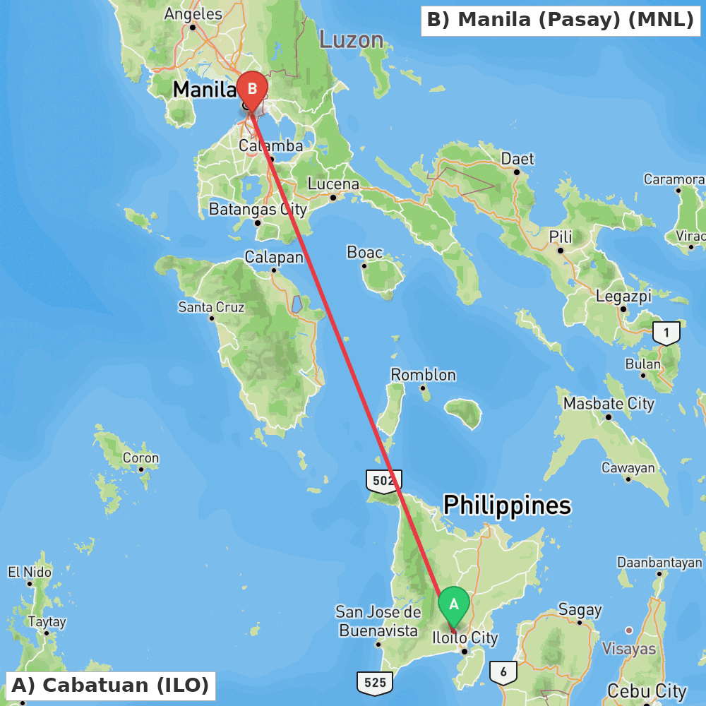 Flight route map from Cabatuan to Manila (Pasay)