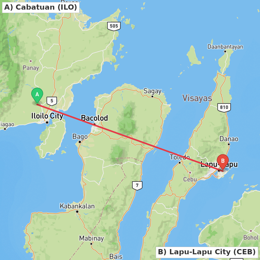 Flight route map from Cabatuan to Lapu-Lapu City