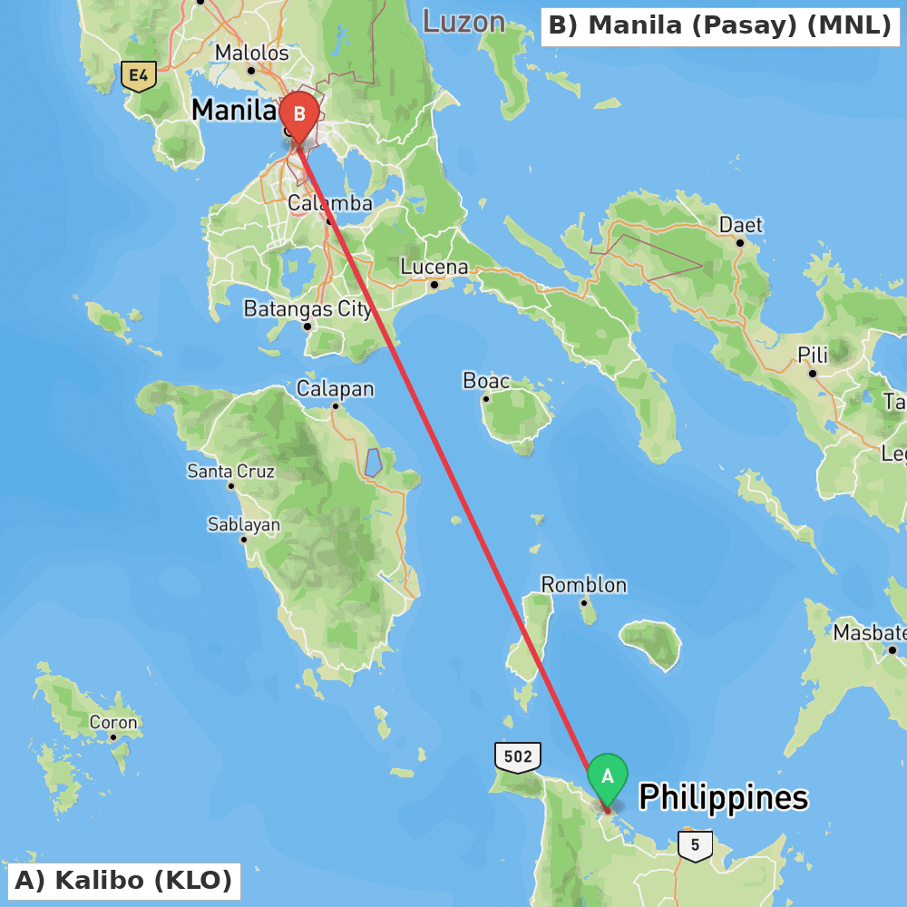 Flight route map from Kalibo to Manila (Pasay)