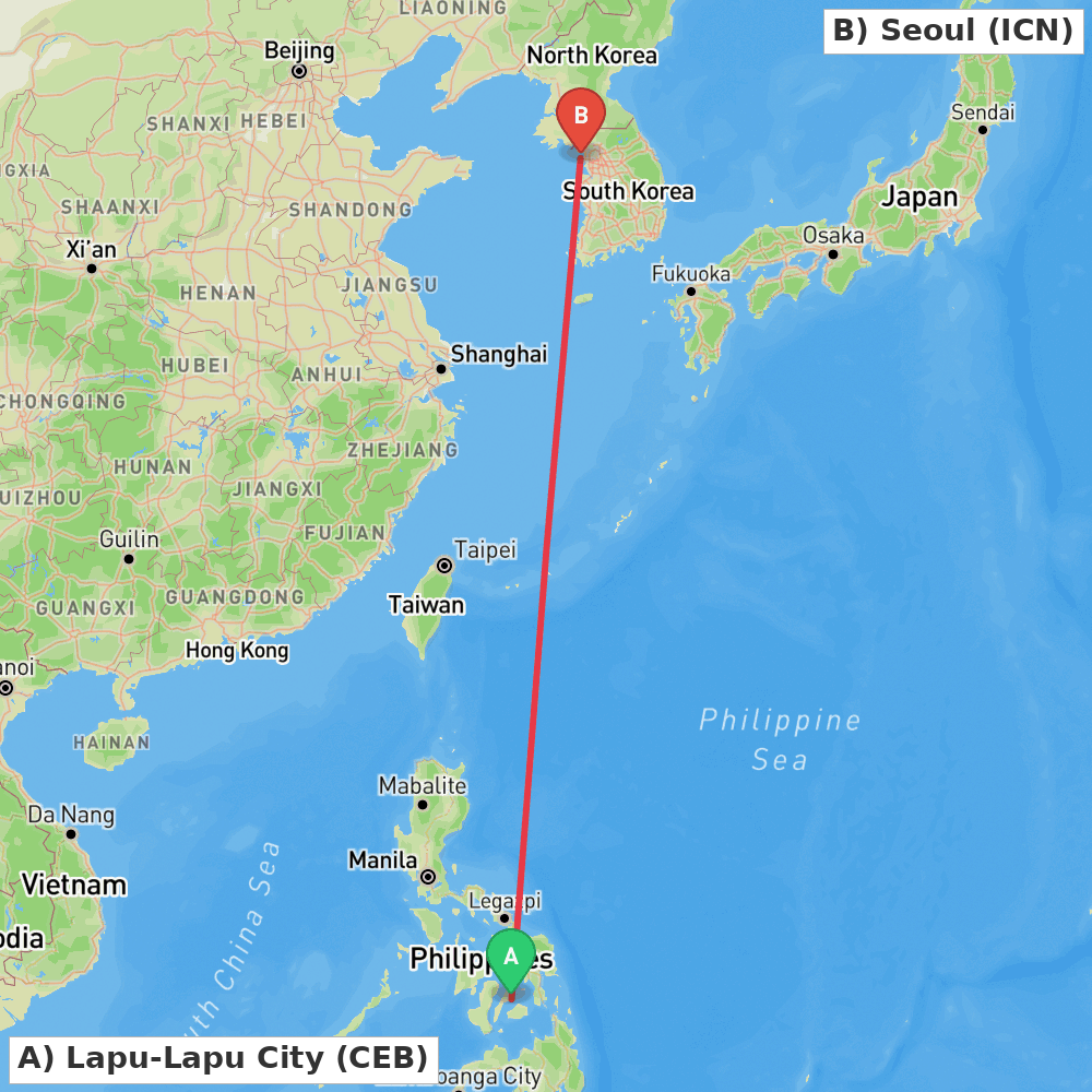 Flight route map from Lapu-Lapu City to Seoul