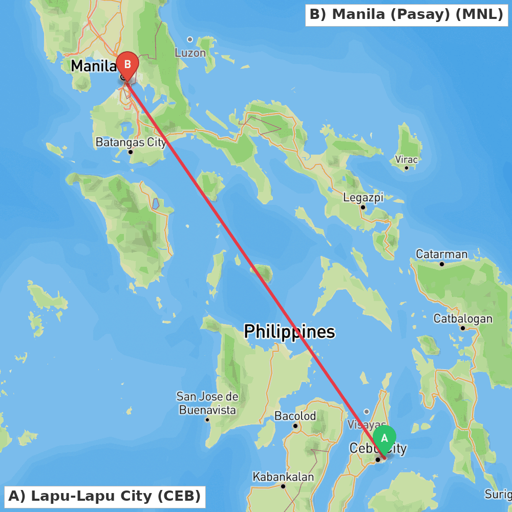 Flight route map from Lapu-Lapu City to Manila (Pasay)