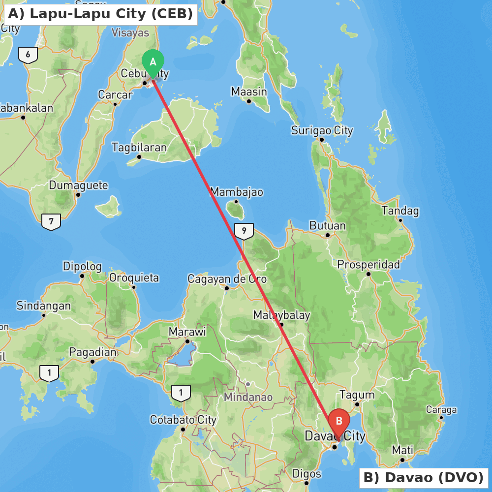Flight route map from Lapu-Lapu City to Davao