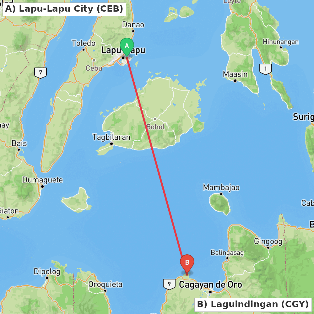 Flight route map from Lapu-Lapu City to Laguindingan