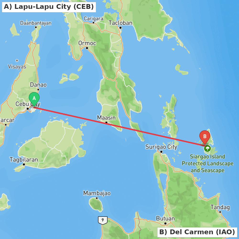 Flight route map from Lapu-Lapu City to Del Carmen
