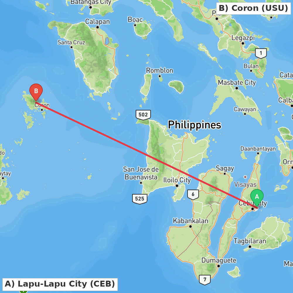 Flight route map from Lapu-Lapu City to Coron