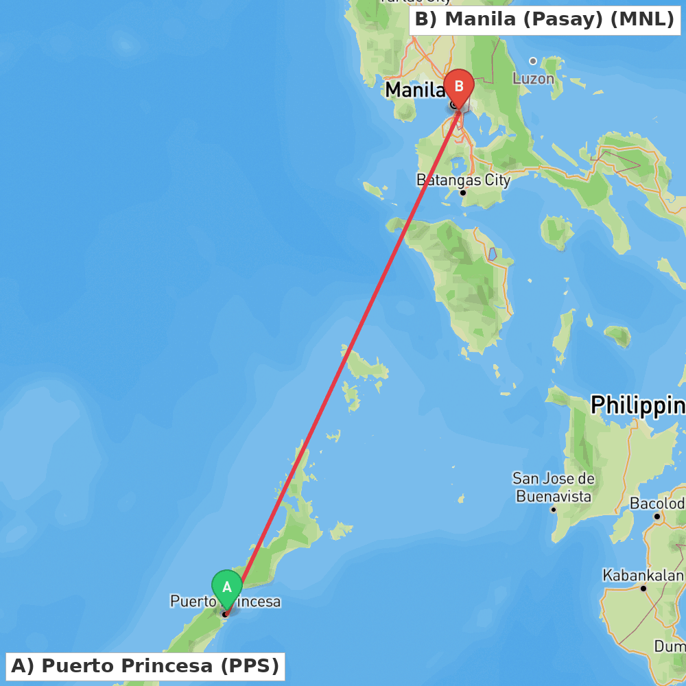 Flight route map from Puerto Princesa to Manila (Pasay)