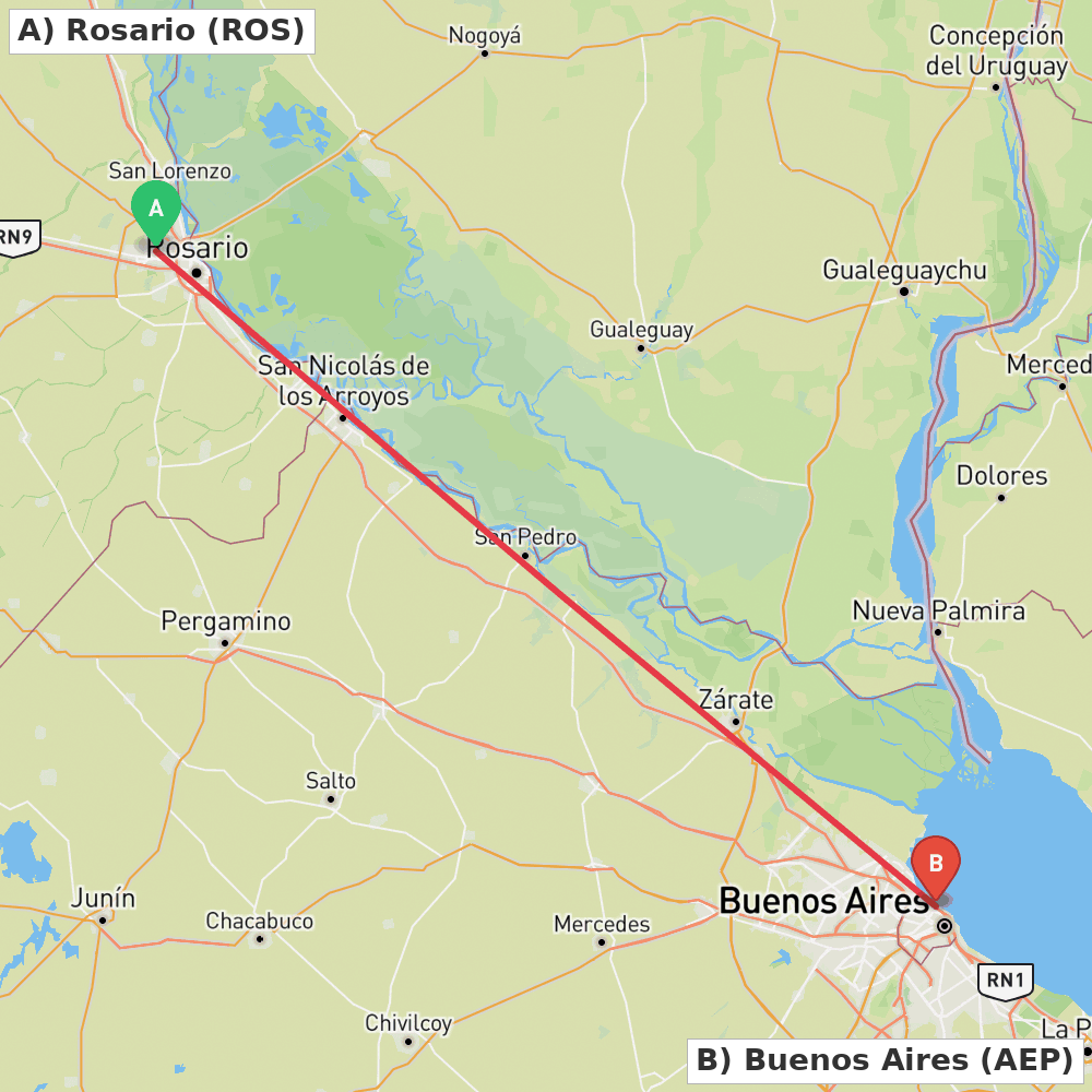 Flight route map from Rosario to Buenos Aires