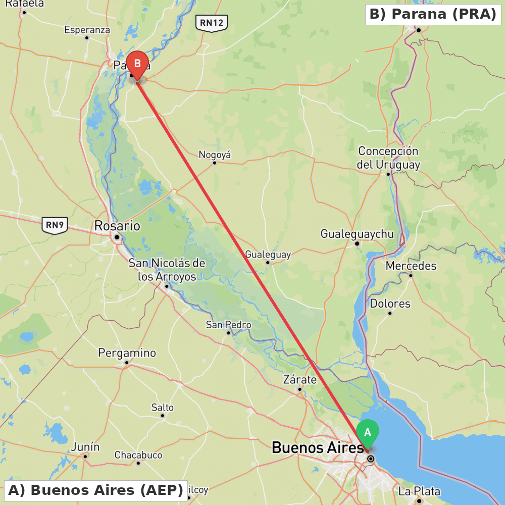 Flight route map from Buenos Aires to Parana