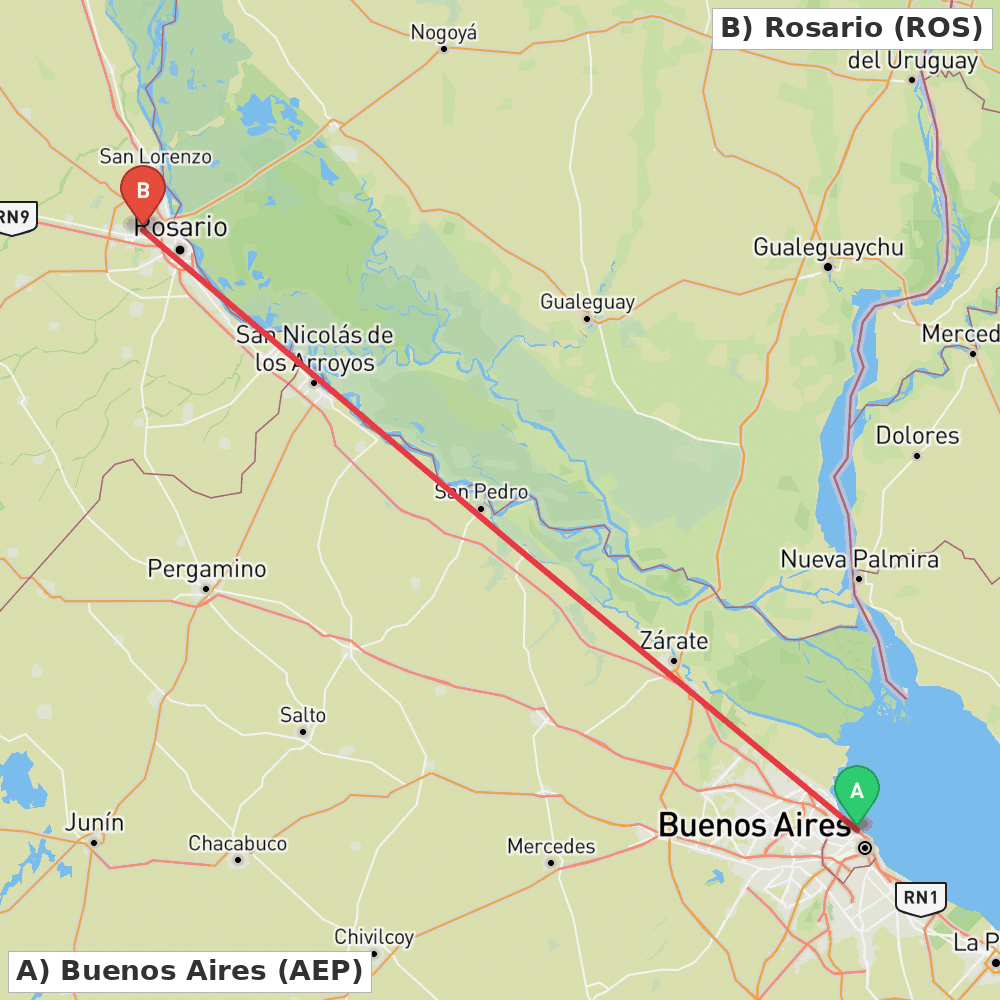 Flight route map from Buenos Aires to Rosario