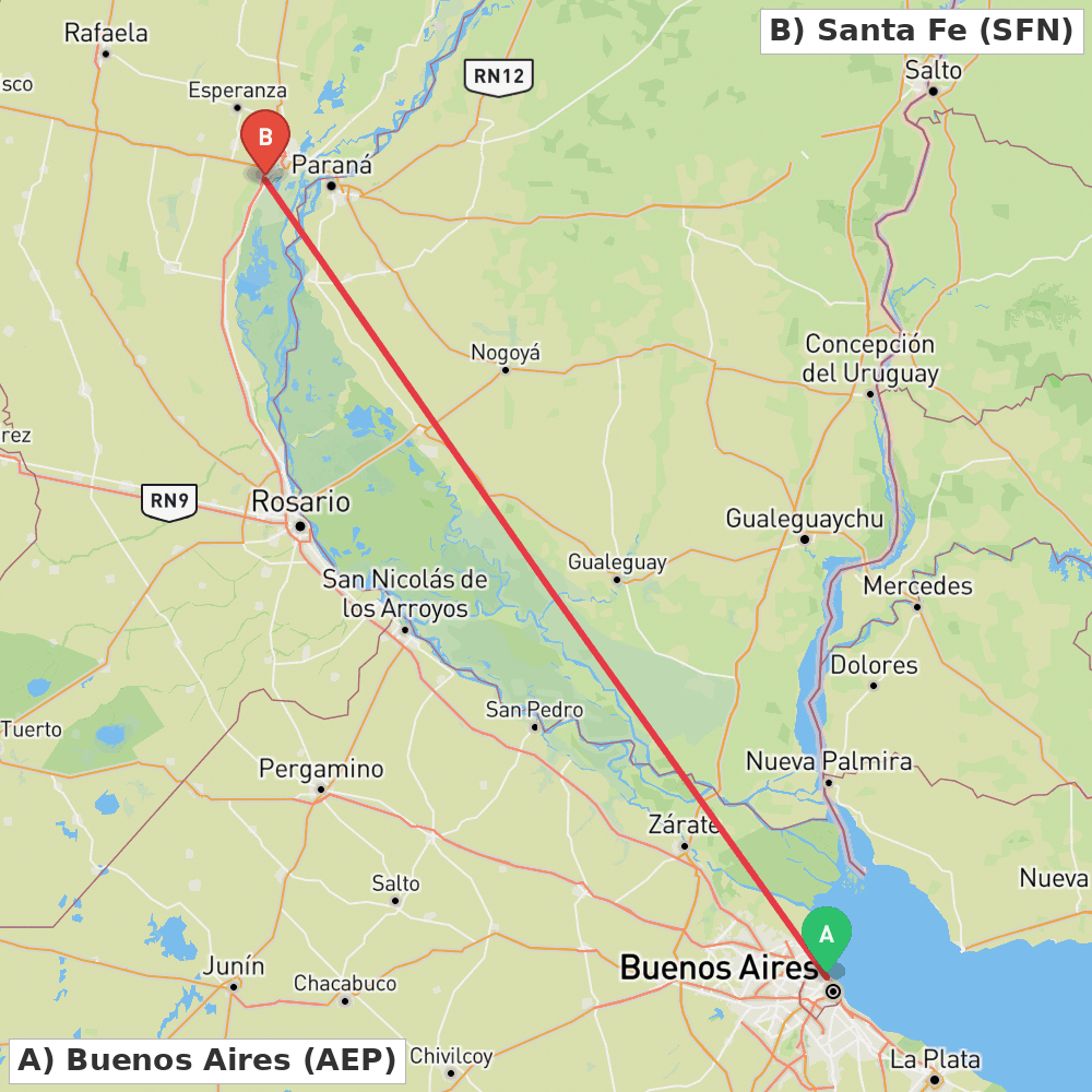 Flight route map from Buenos Aires to Santa Fe