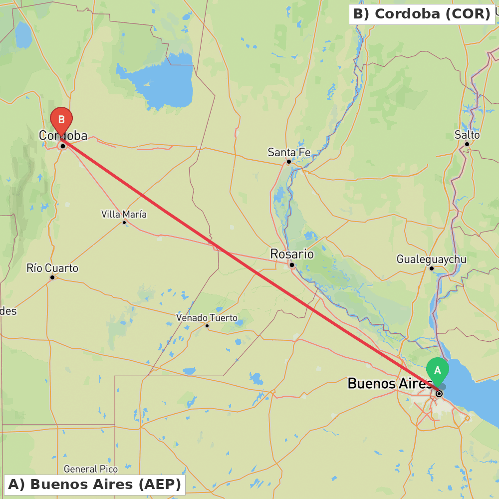 Flight route map from Buenos Aires to Cordoba