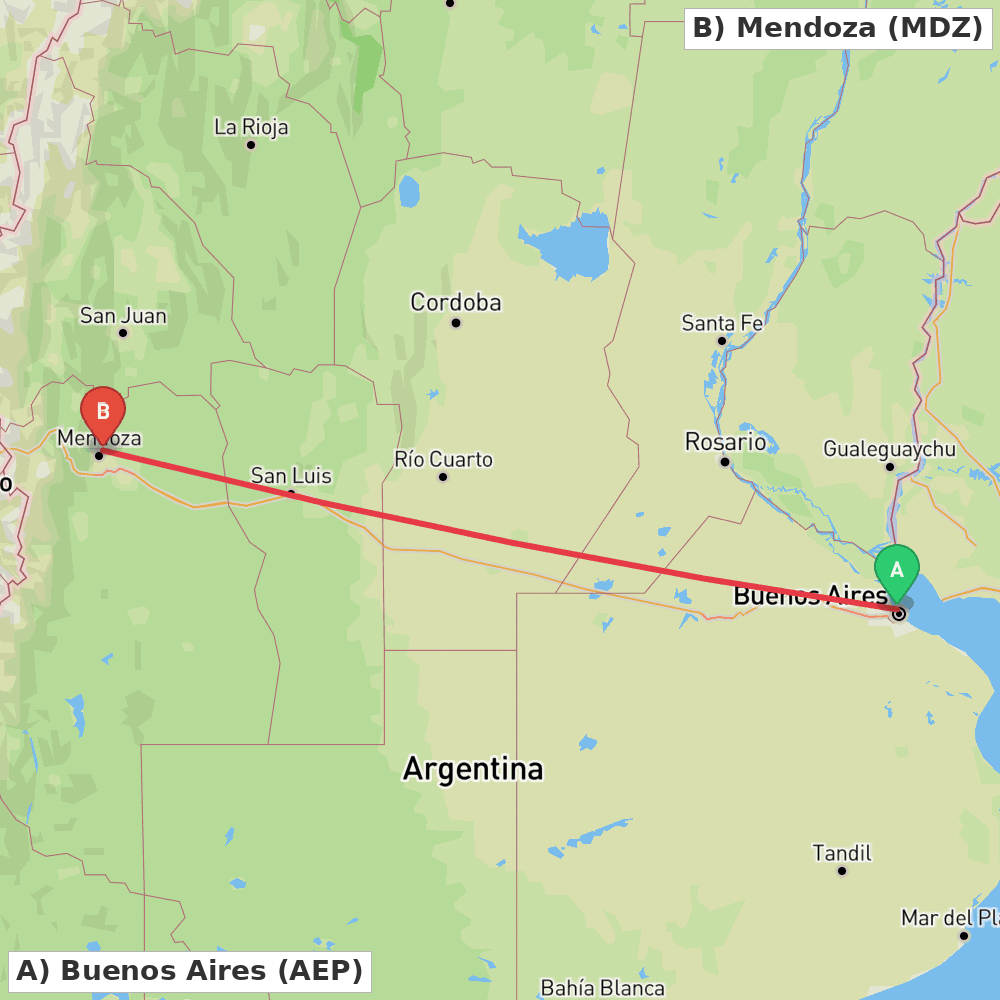 Flight route map from Buenos Aires to Mendoza