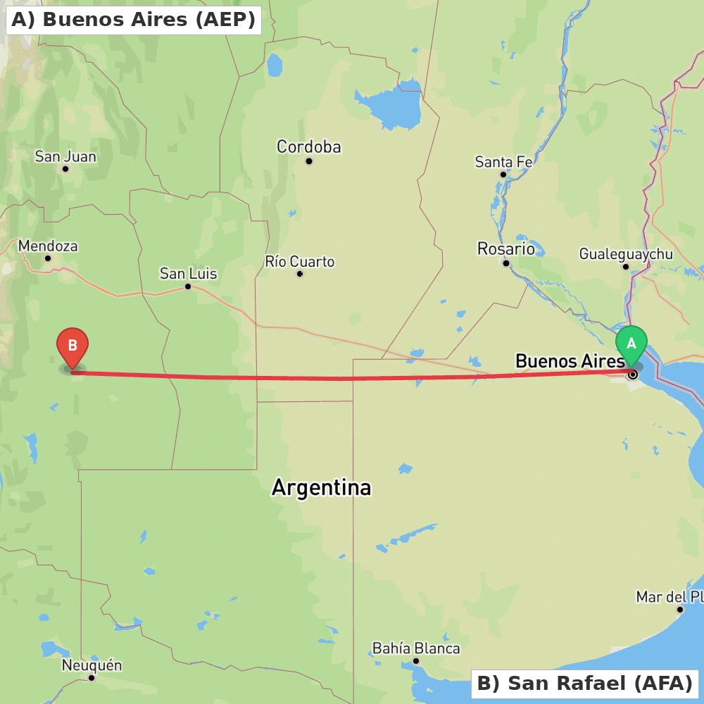 Flight route map from Buenos Aires to San Rafael