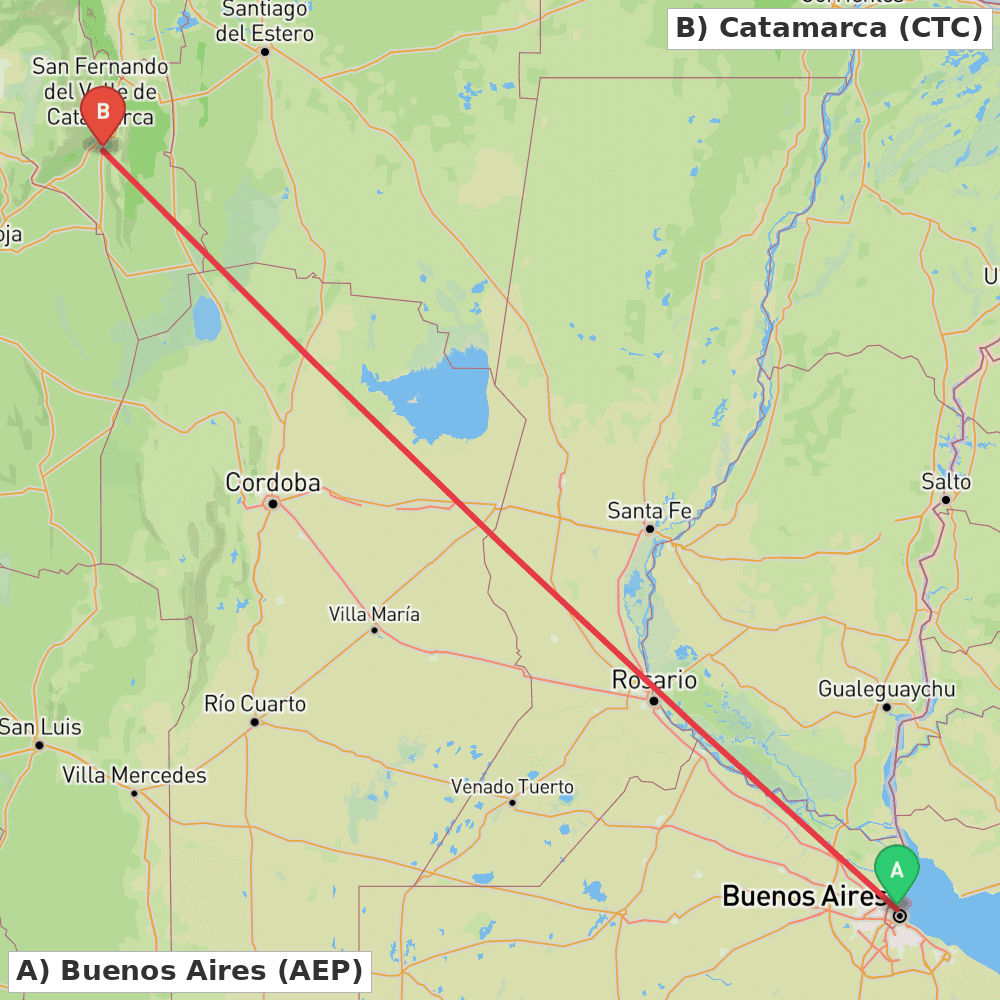 Flight route map from Buenos Aires to Catamarca