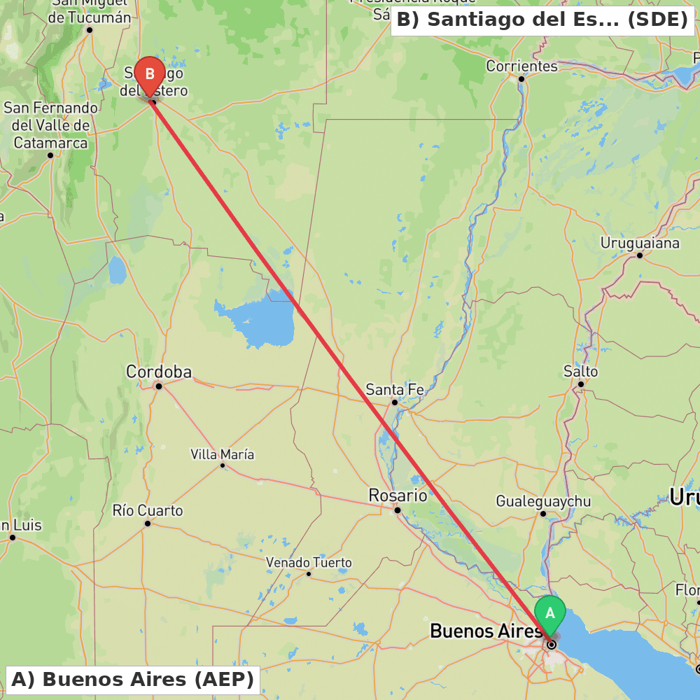 Flight route map from Buenos Aires to Santiago del Estero